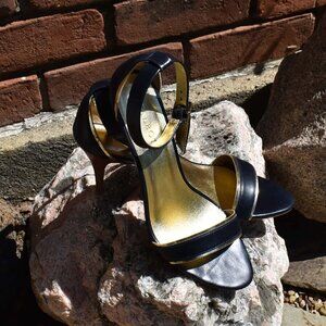 Talbots Luna Ankle Strap Heels Indigo Blue & Gold Size 9N Brand New